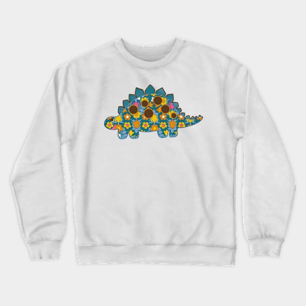 Vintage floral Stegosaurus Dinosaur on blue background Crewneck Sweatshirt by NattyDesigns